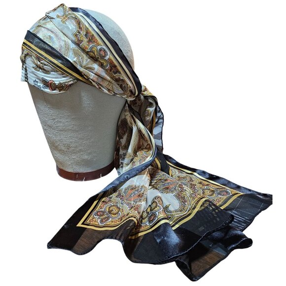 VTG Silk Blend Scarf head wrap Black Gold Paisley Boho Parisian Head Wrap - Picture 10 of 13